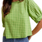 Matcha Gingham Scalloped Puff Sleeve Blouse | The Gussied Goose Boutique