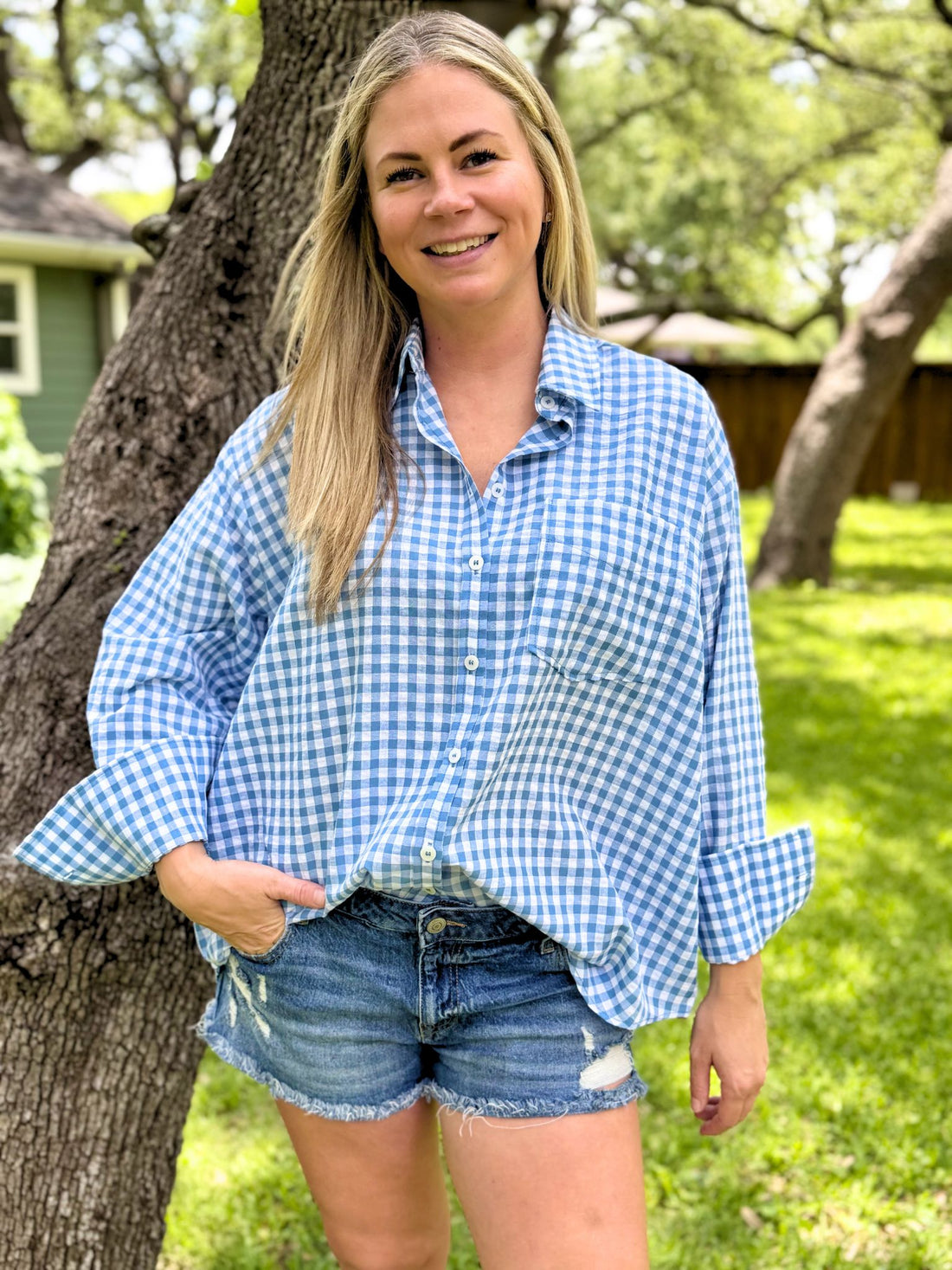 Aqua Gingham Oversized Button Down Shirt | The Gussied Goose Boutique