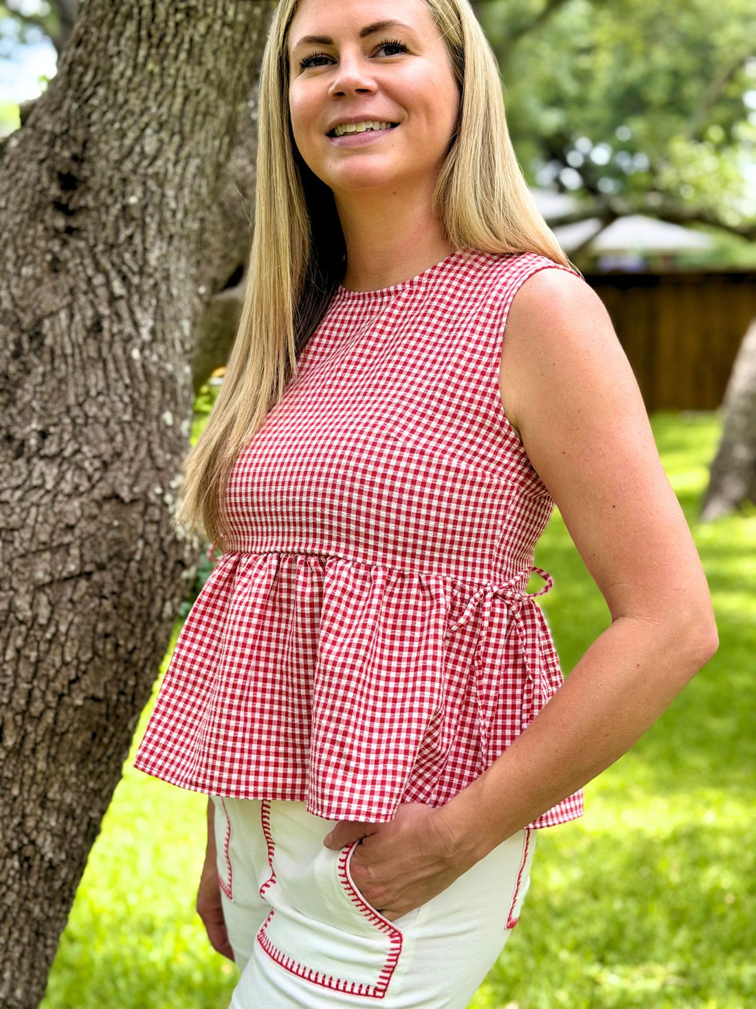 Red Gingham Peplum Top with Bow Ties | Sleeveless Feminine Blouse for Women