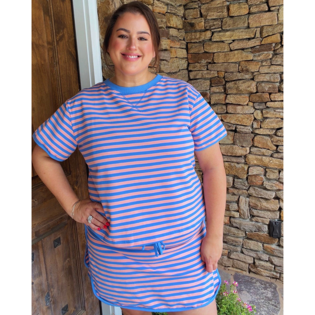 Blue & Pink Striped Lounge Set | Casual Two Piece Top & Skirt Outfit for Women