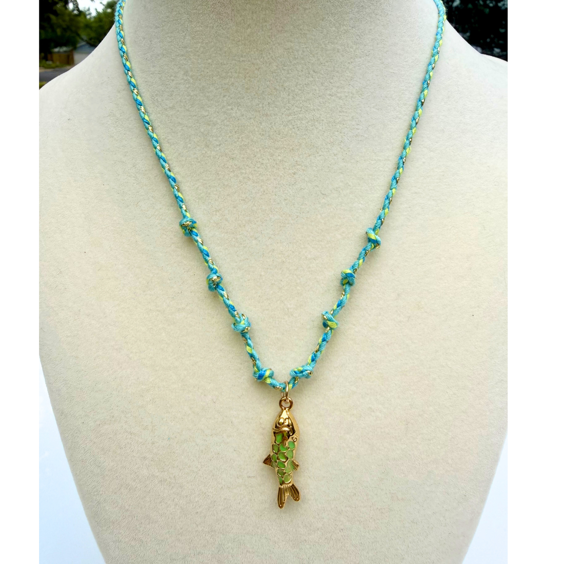 Blue 18K Gold Fish Charm Cotton Rope Necklace