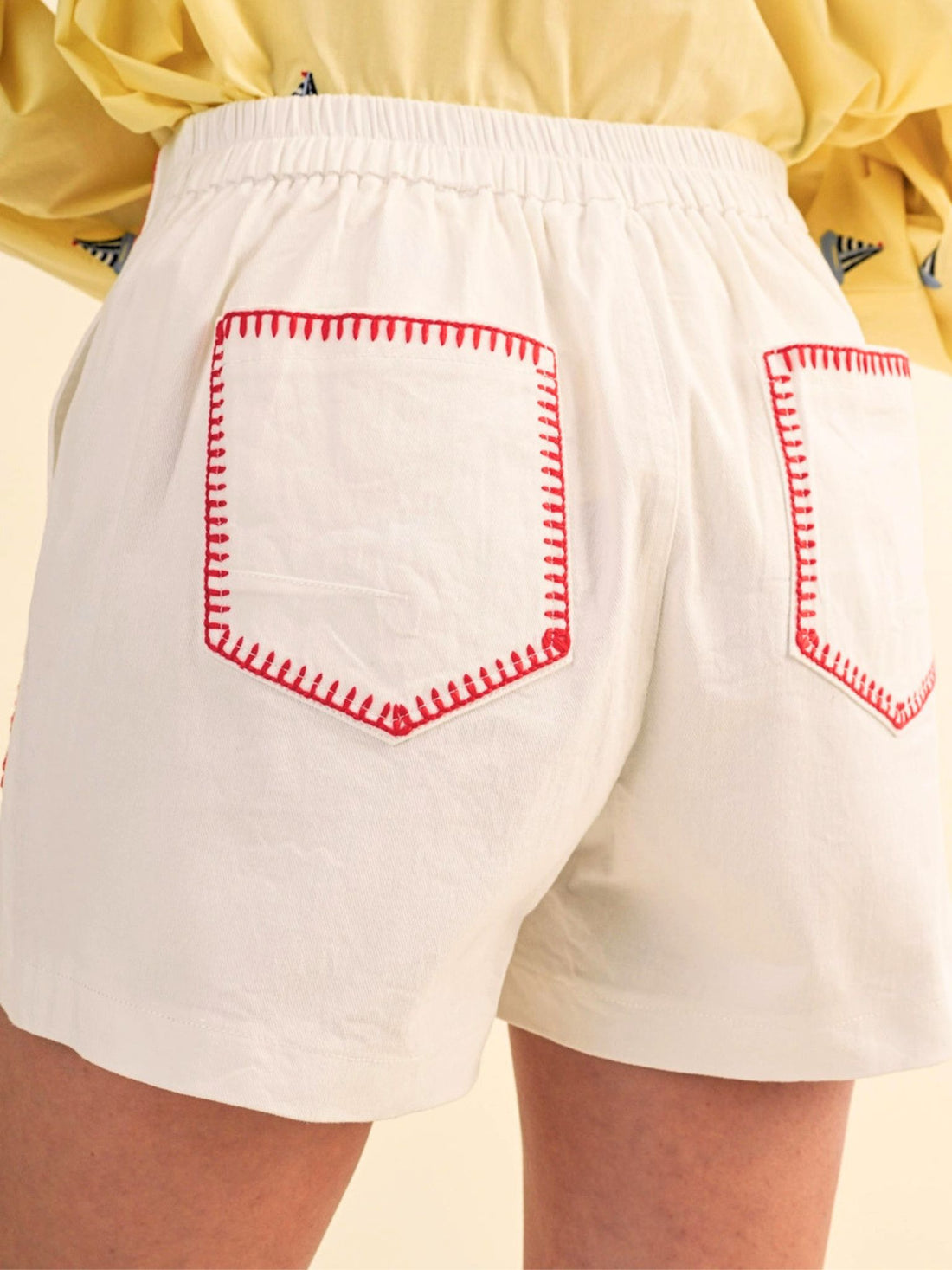 White High Waist Shorts with Red Stitching | Tailored Summer Shorts for Women