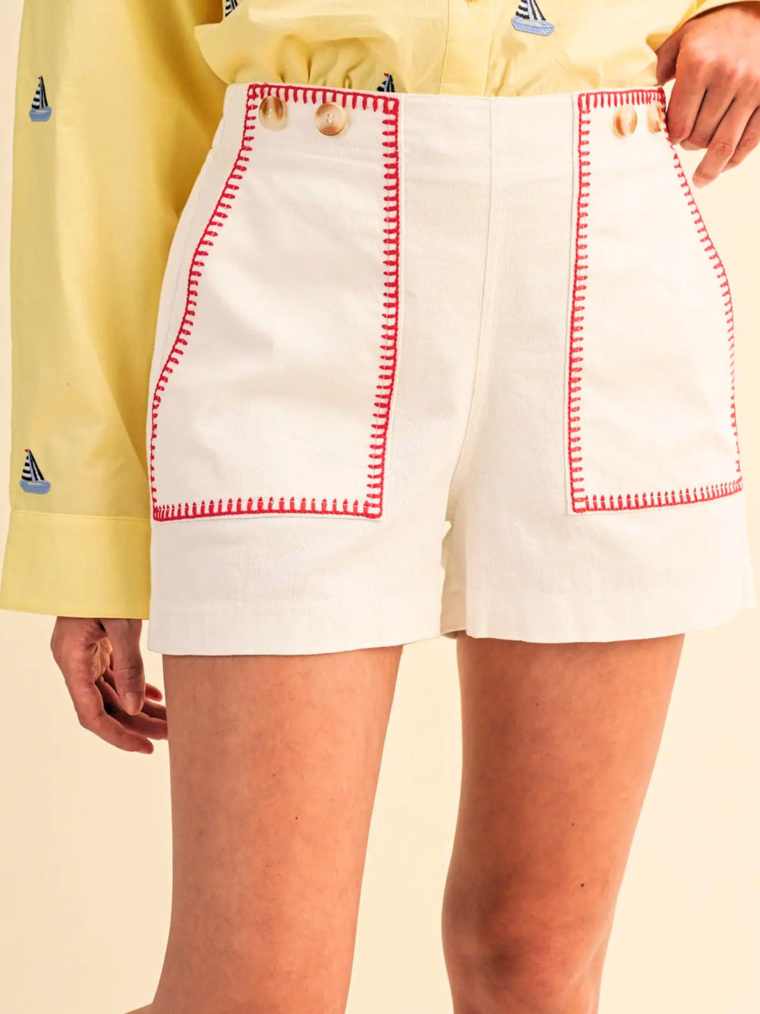 White High Waist Shorts with Red Stitching | Tailored Summer Shorts for Women