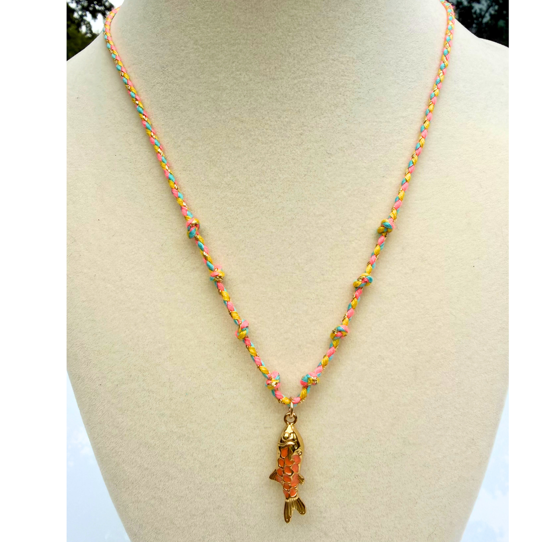 Rainbow 18K Gold Fish Charm Cotton Rope Necklace