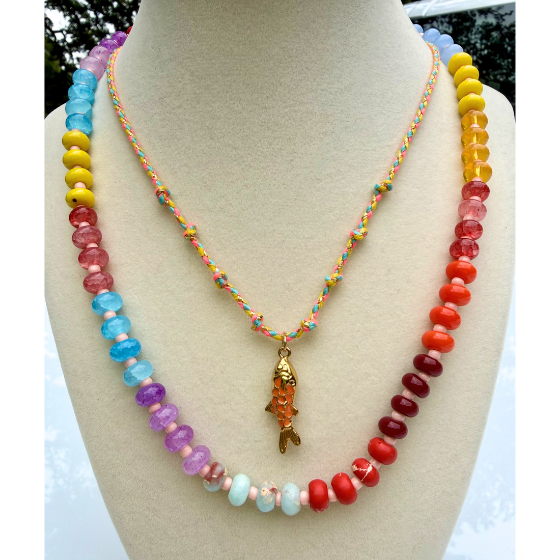 Rainbow 18K Gold Fish Charm Cotton Rope Necklace