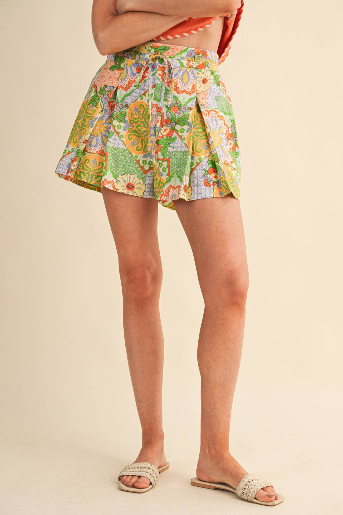 Floral Pleated High Waist Shorts | Colorful Vintage-Inspired Print Summer Shorts