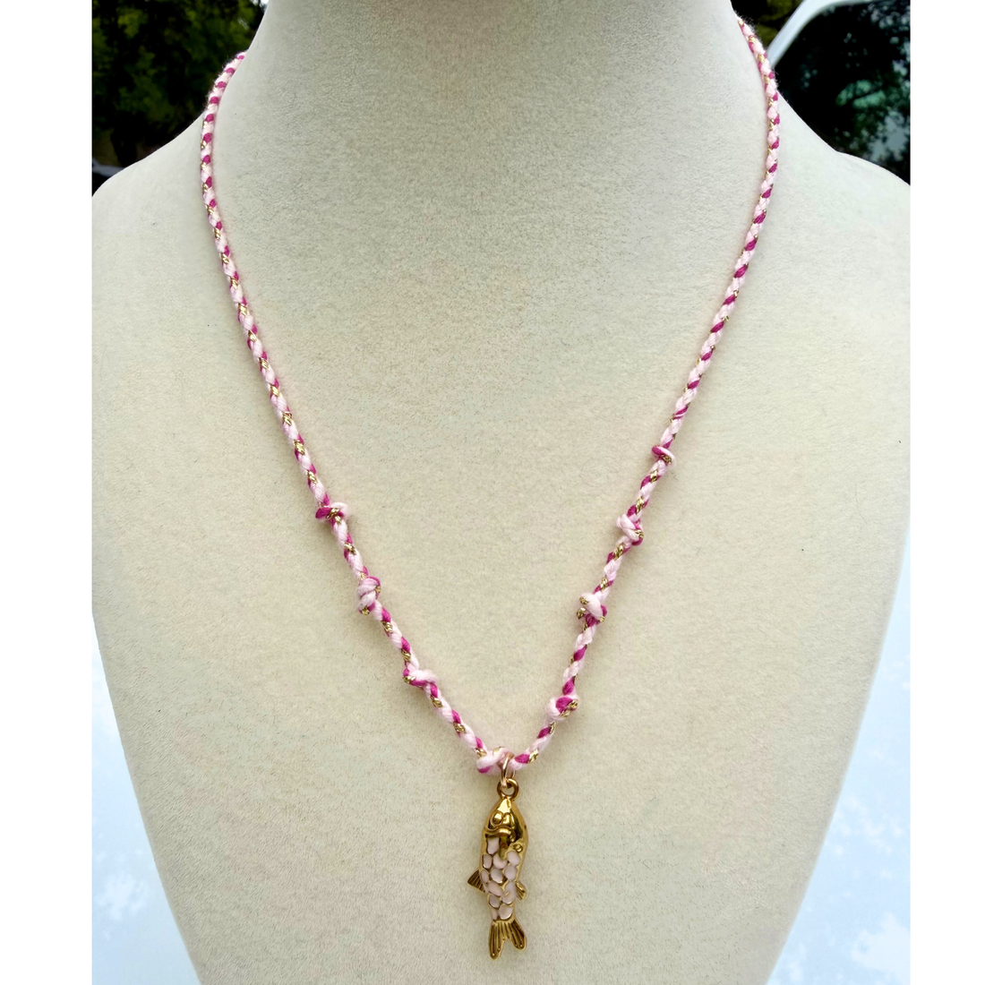 Fuchsia 18K Gold Fish Charm Cotton Rope Necklace