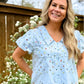 Light Blue Embroidered Floral Peter Pan Collar Blouse | Feminine Cotton Button Down Top