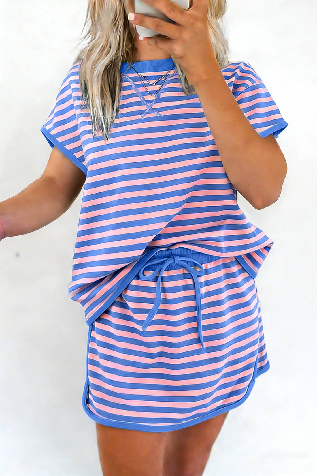 Blue & Pink Striped Lounge Set | Casual Two Piece Top & Skirt Outfit for Women
