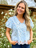 Light Blue Embroidered Floral Peter Pan Collar Blouse | Feminine Cotton Button Down Top