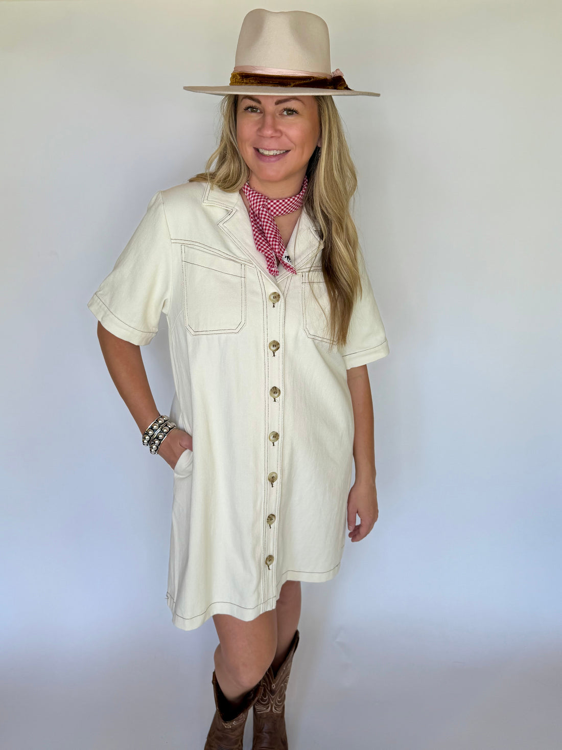 Ecru Denim A-line Shirt Dress, Cream