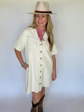 Ecru Denim A-line Shirt Dress, Cream