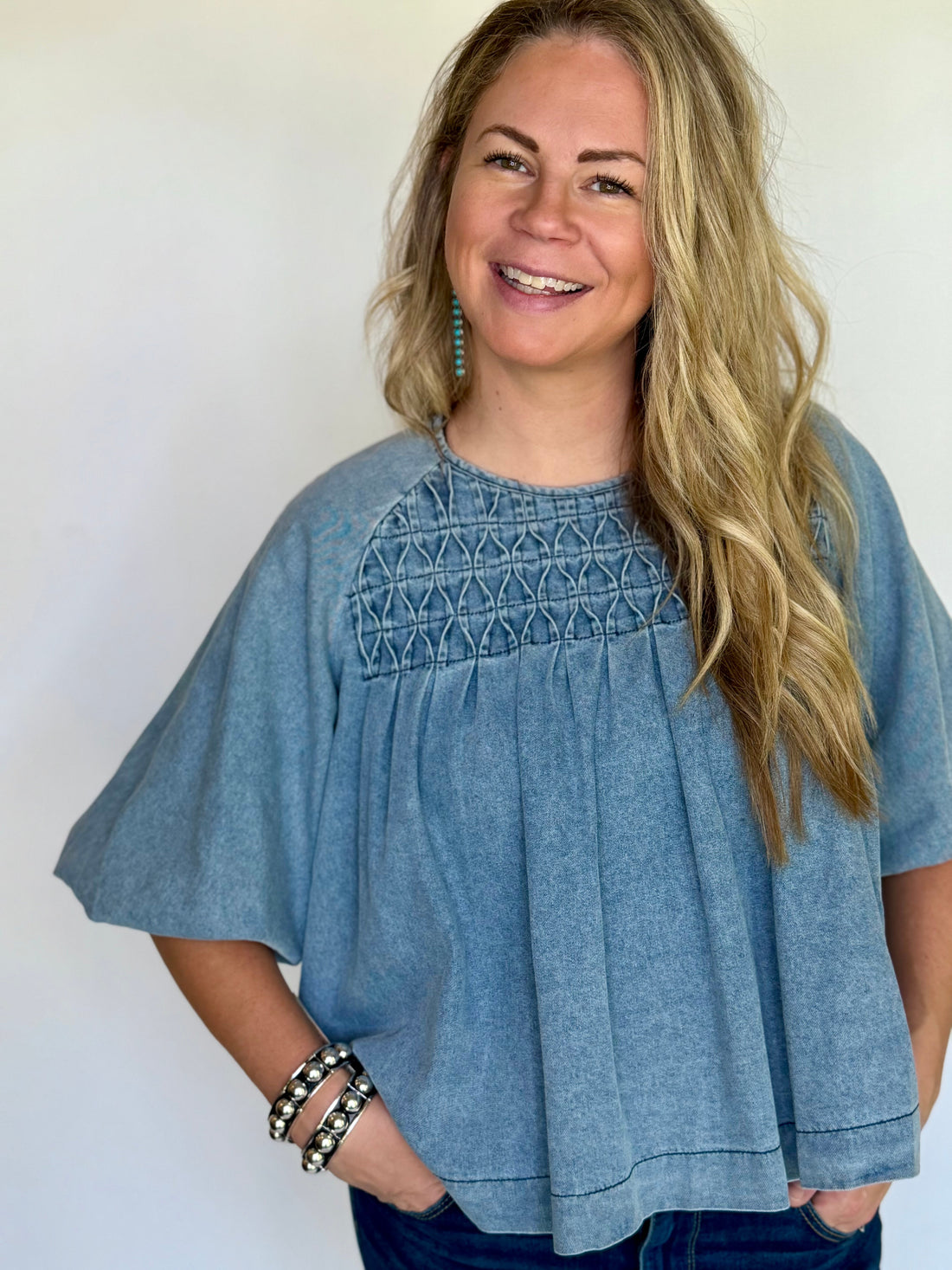 Babydoll Denim Top, Balloon Sleeve