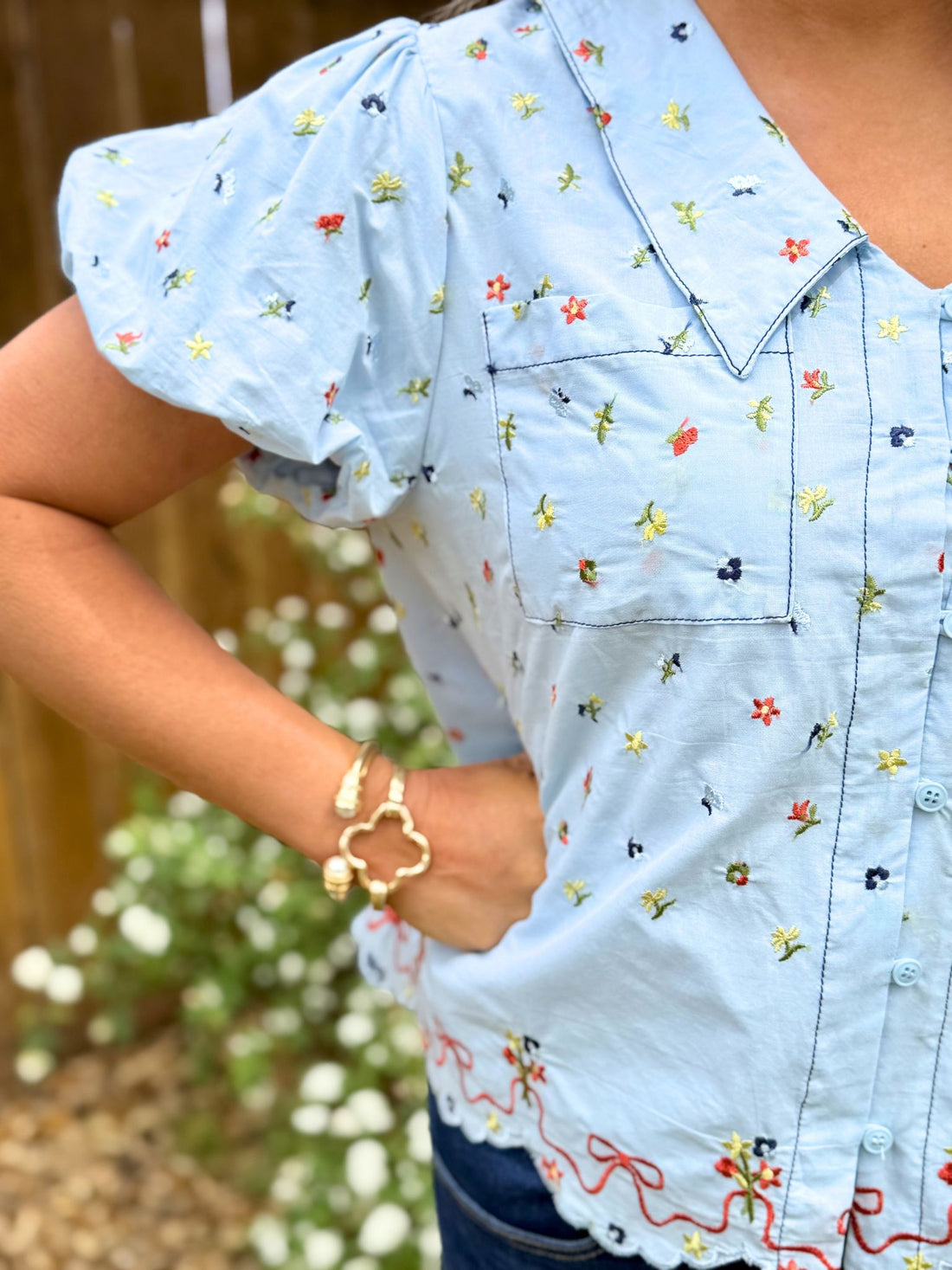 Light Blue Embroidered Floral Peter Pan Collar Blouse | Feminine Cotton Button Down Top