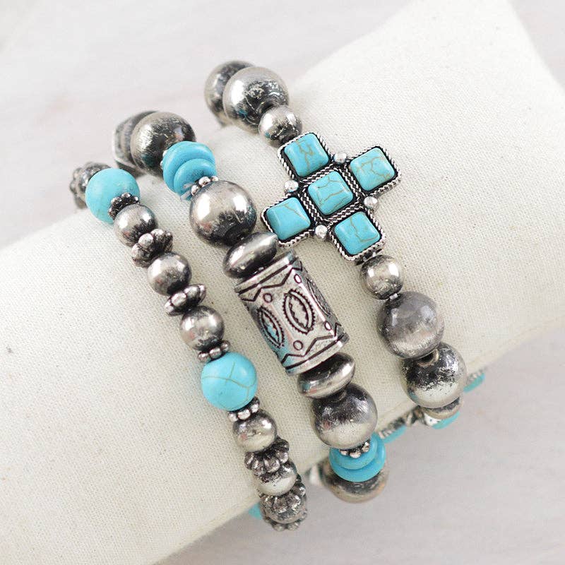 Turquoise Navajo Bead Bracelet Set – Western Stretch Stack (3PC)