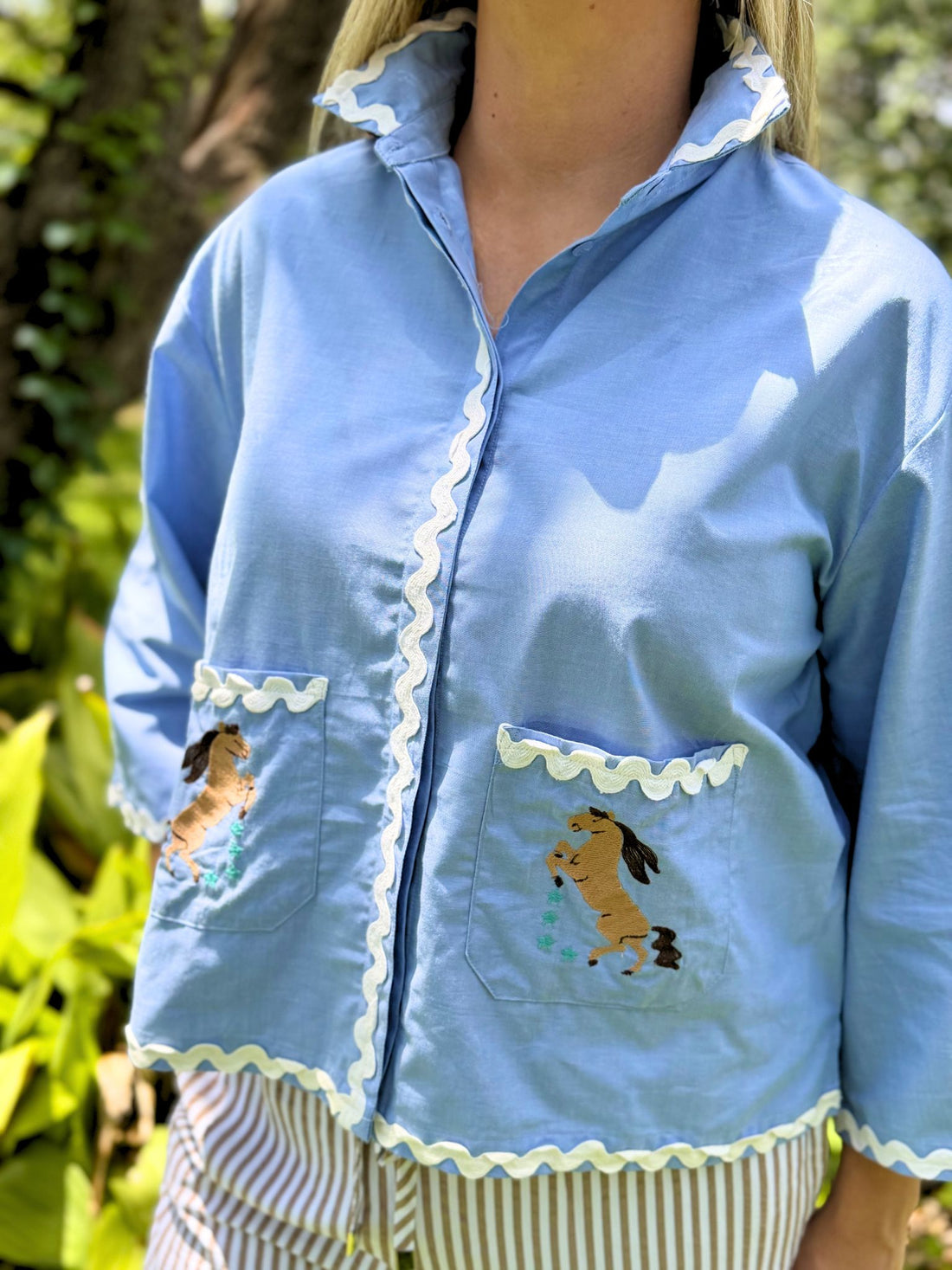 Bluebonnet Trail Horse Dress Shirt | Western Embroidered Ric-Rac Jacket | The Gussied Goose Boutique