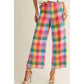 Multicolor check pattern wide-leg tailored pants with a high-waist design.