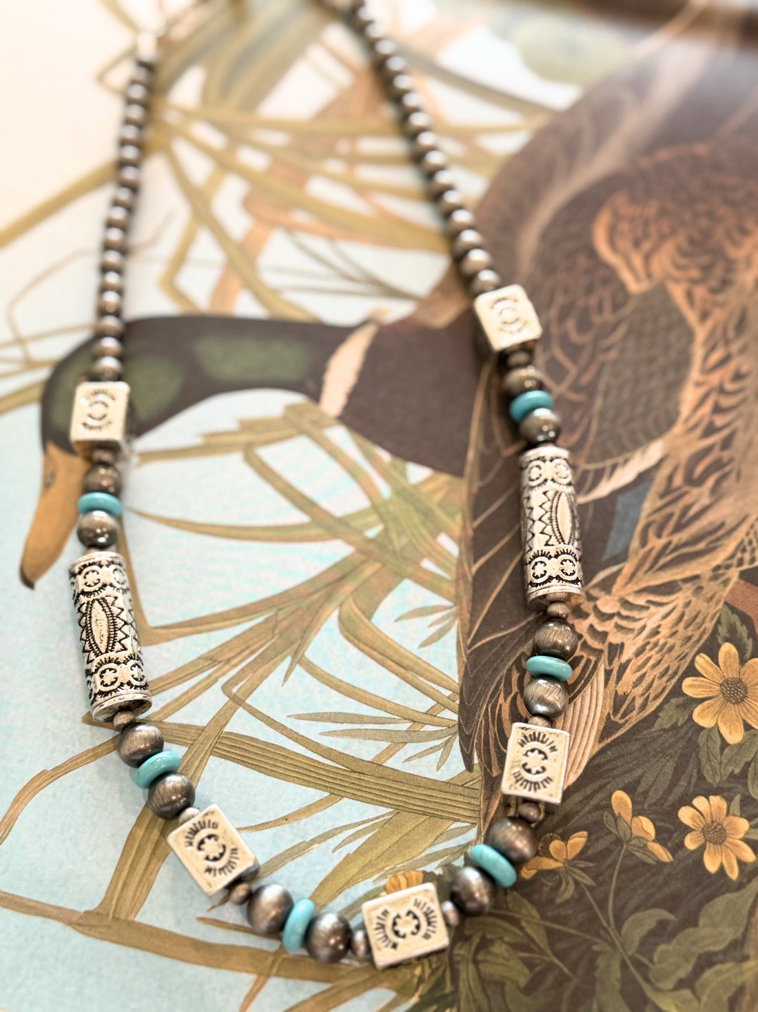 Aztec Navajo Bead Necklace – Silver Barrel Turquoise Western Jewelry