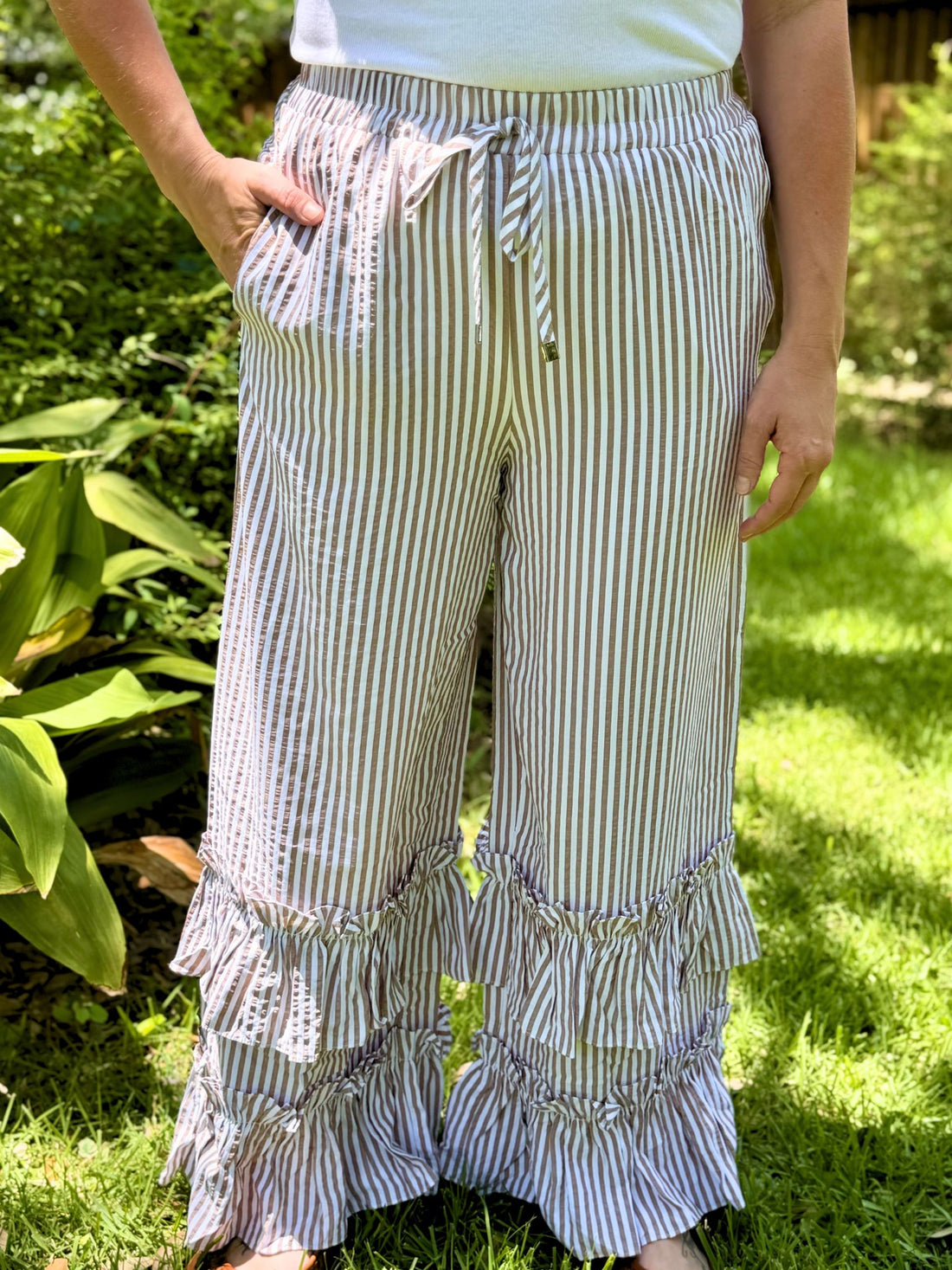 Beige Stripe Tiered Ruffle Hem Pull-On Maxi Pants