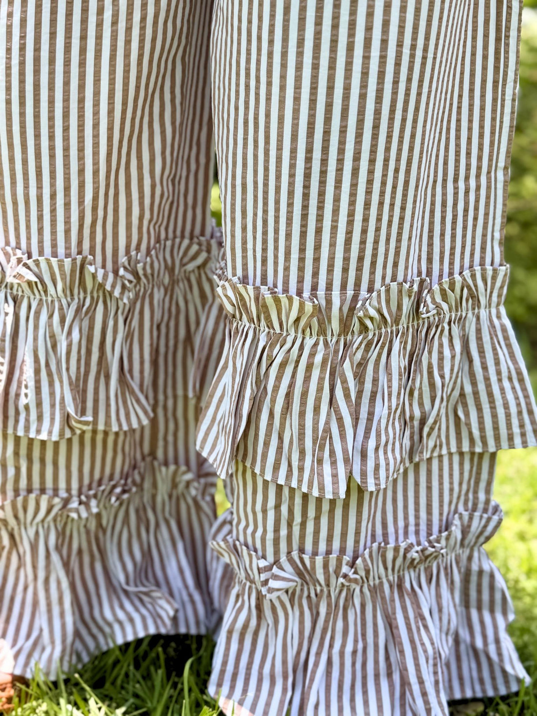 Beige Stripe Tiered Ruffle Hem Pull-On Maxi Pants
