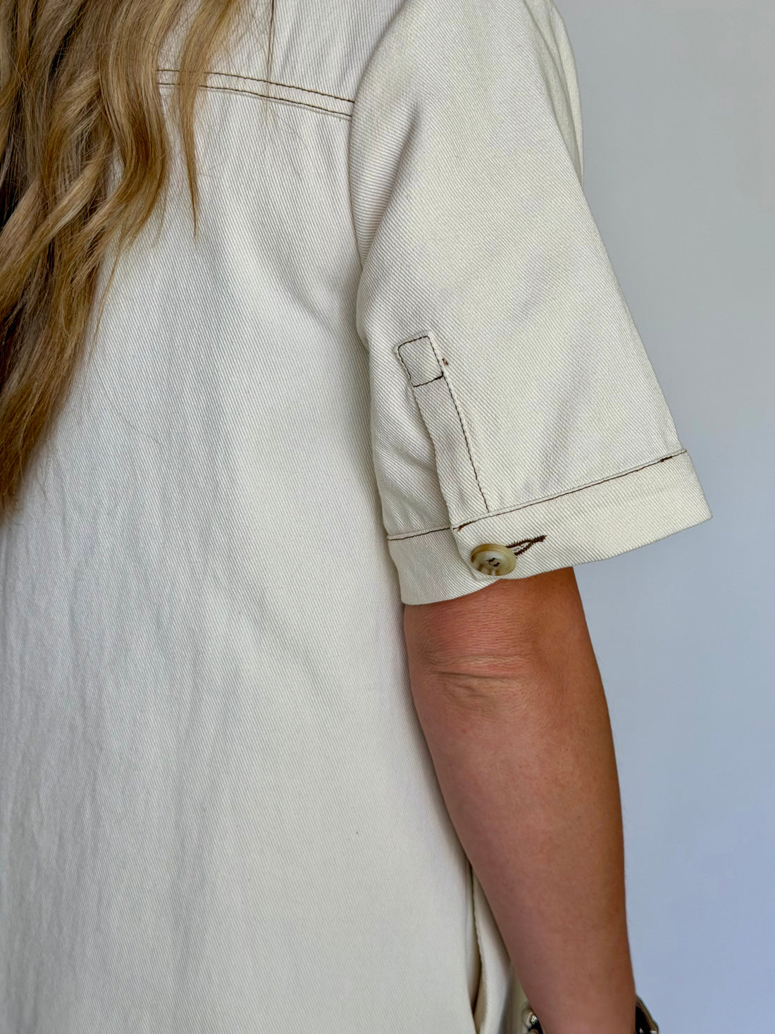 Ecru Denim A-line Shirt Dress, Cream