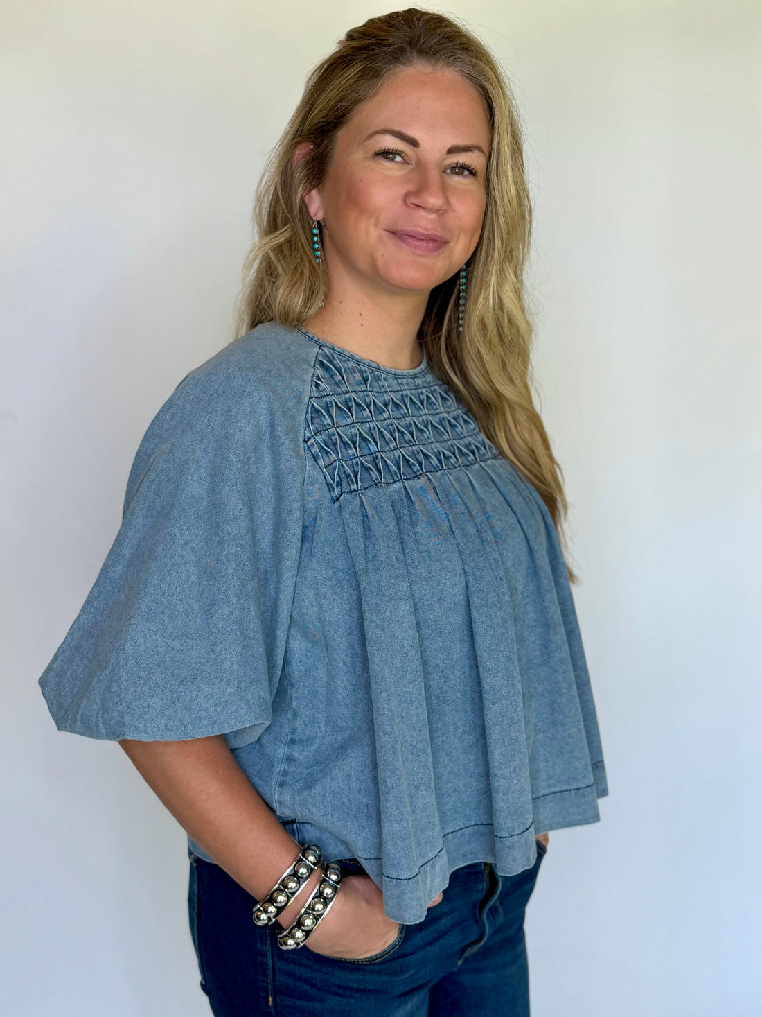 Babydoll Denim Top, Balloon Sleeve