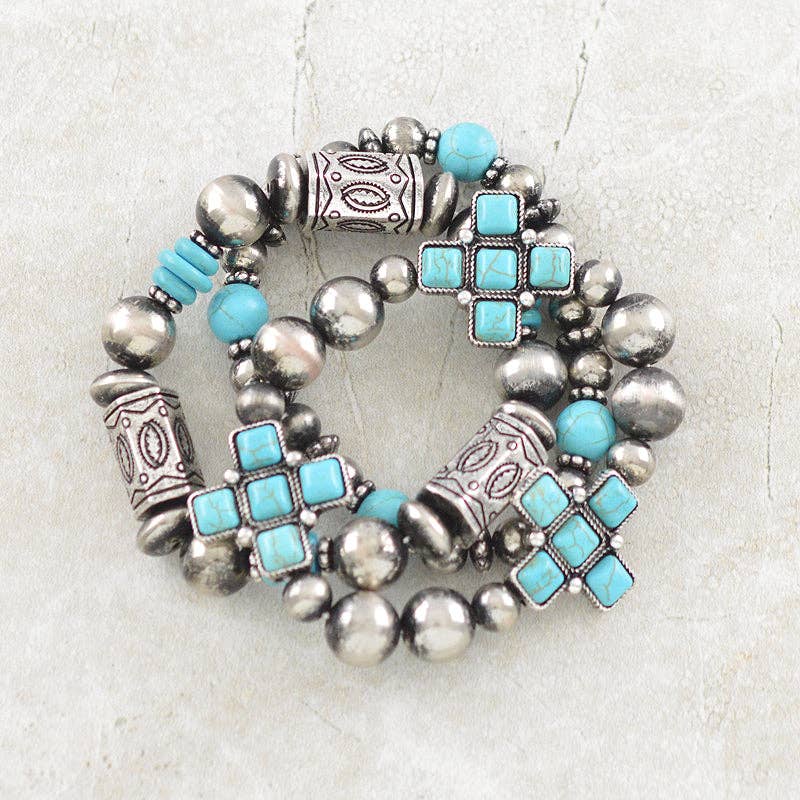 Turquoise Navajo Bead Bracelet Set – Western Stretch Stack (3PC)
