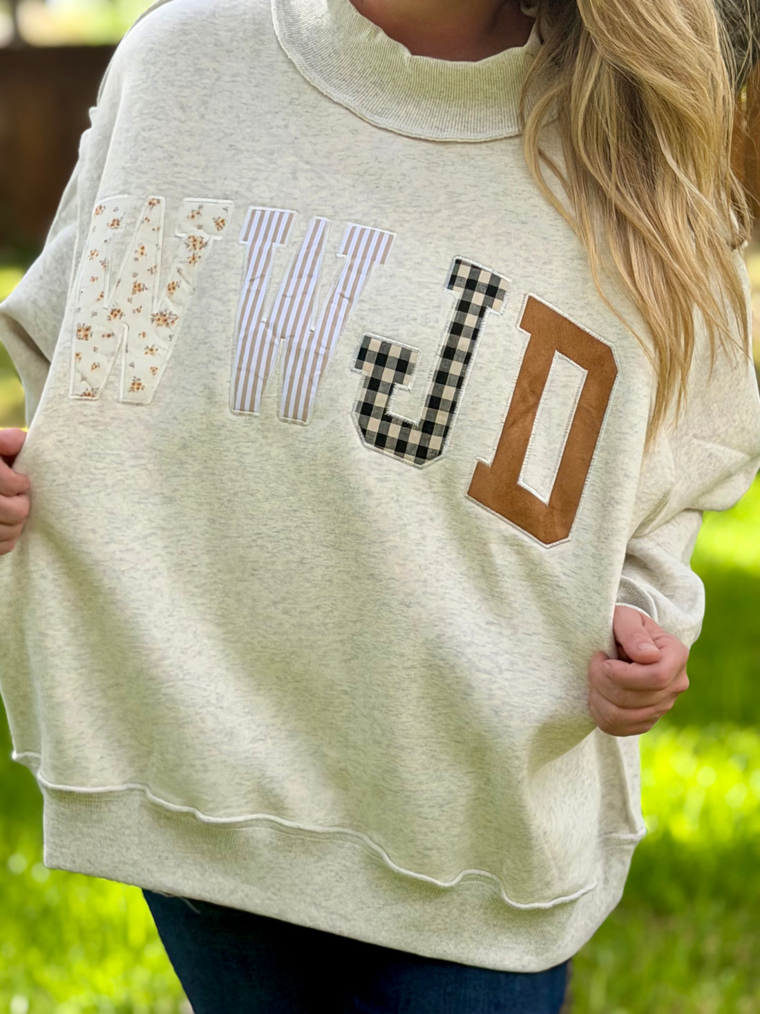 WWJD Embroidered Mock Neck Sweatshirt