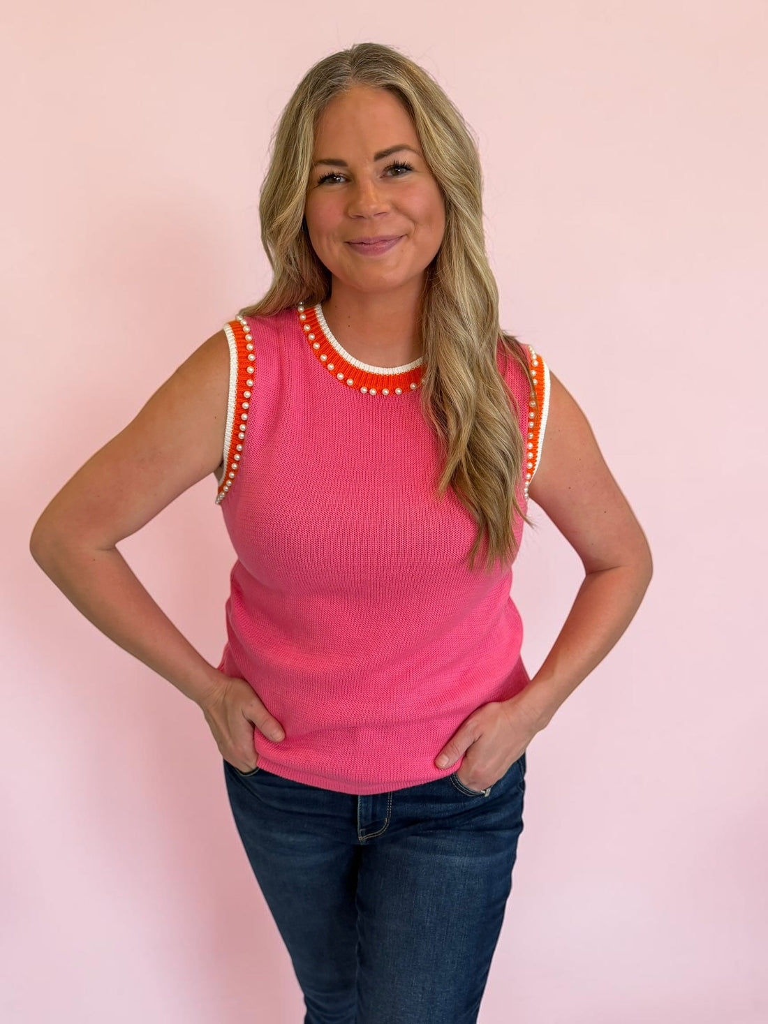 Pretty in Pearls Top | Pink Pearl Embellished Sweater Tank