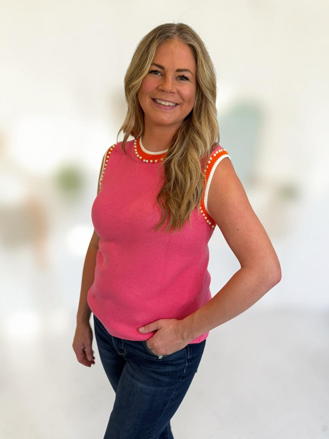 Pretty in Pearls Top | Pink Pearl Embellished Sweater Tank
