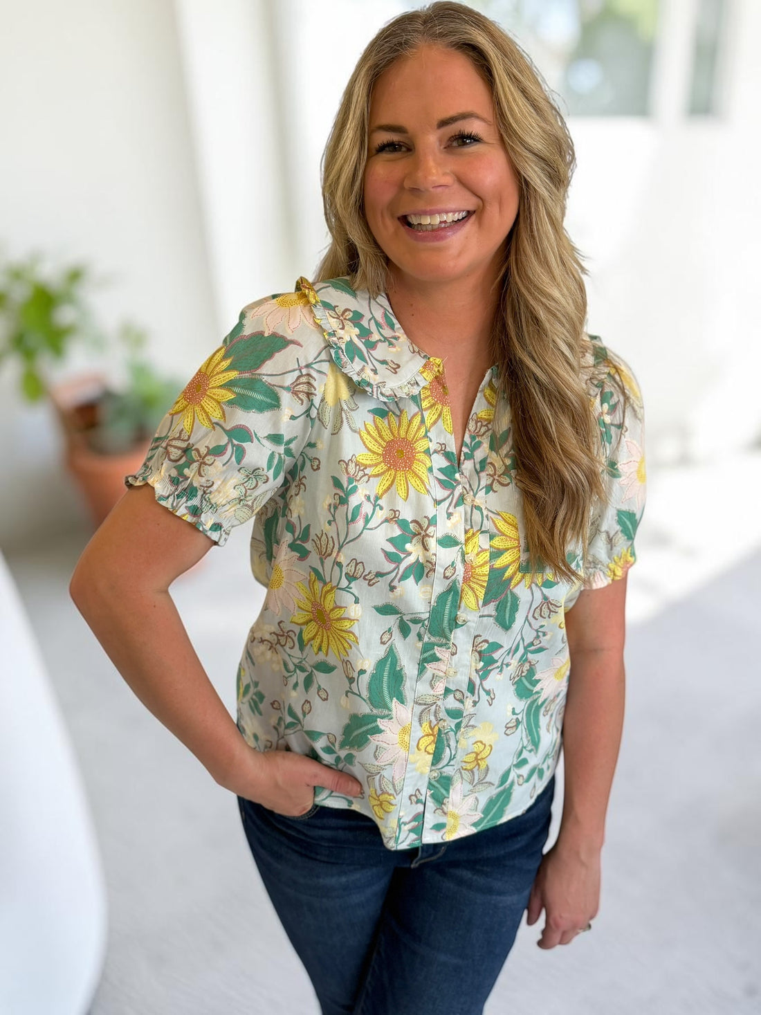 Sunflower Darling Blouse | Light Blue Floral Top