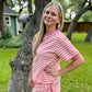 Pink & Yellow Striped Lounge Set | Casual Two Piece Top & Skirt Outfit for Women
