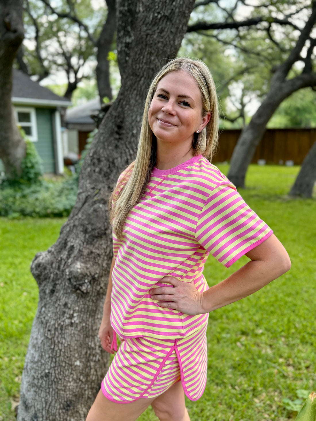 Pink & Yellow Striped Lounge Set | Casual Two Piece Top & Skirt Outfit for Women