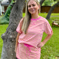 Pink & Yellow Striped Lounge Set | Casual Two Piece Top & Skirt Outfit for Women