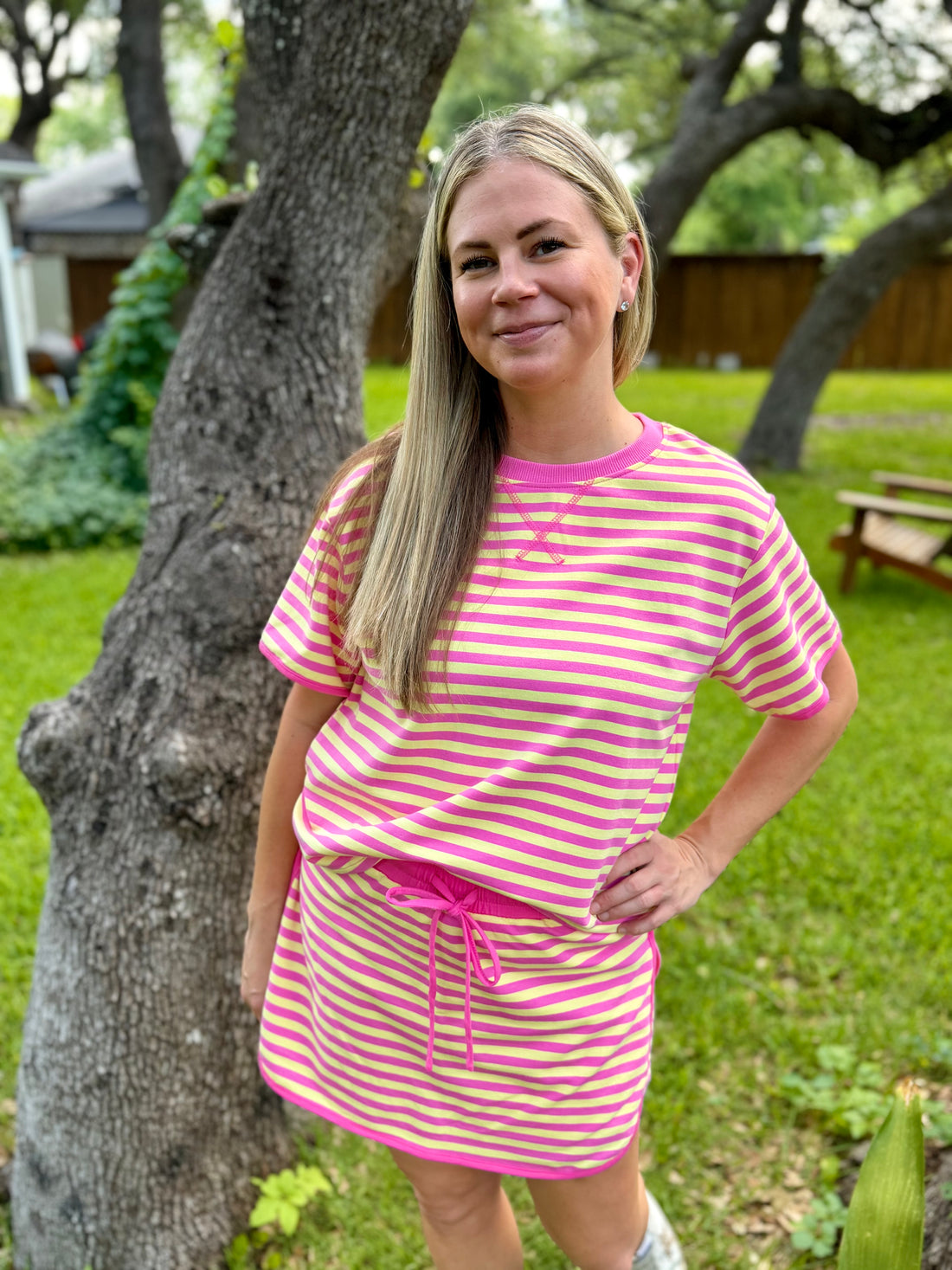 Pink & Yellow Striped Lounge Set | Casual Two Piece Top & Skirt Outfit for Women