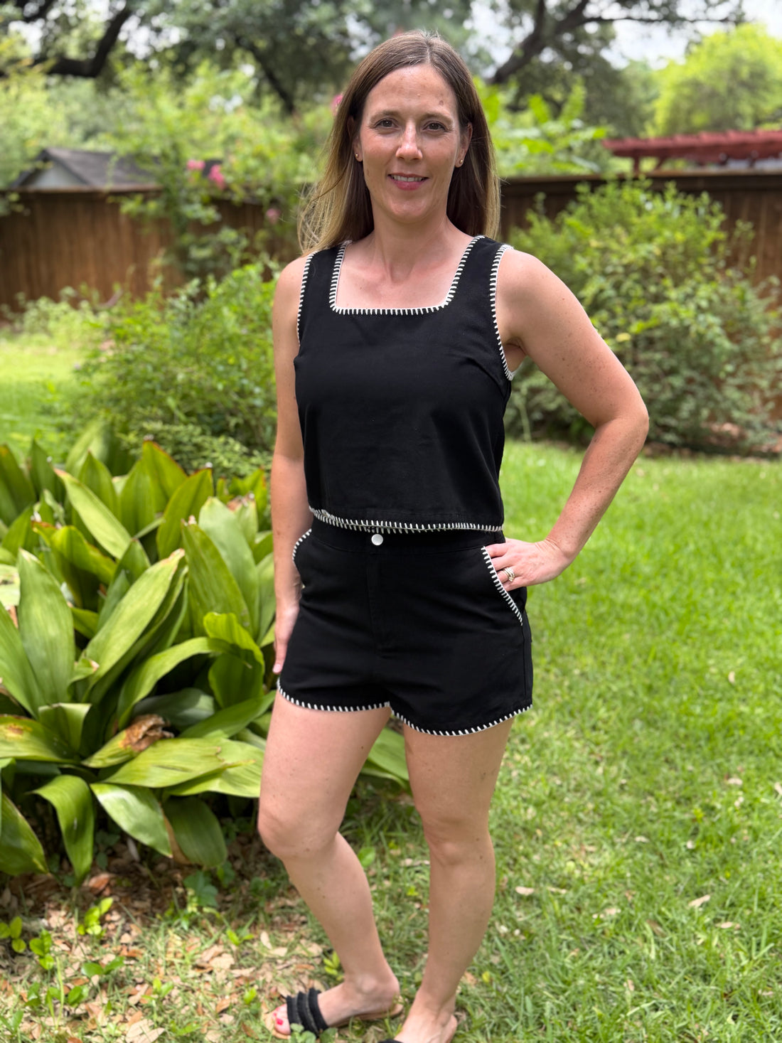 Black Whipstitch Crop Top & Shorts Set | Classic Tailored Matching Set for Women