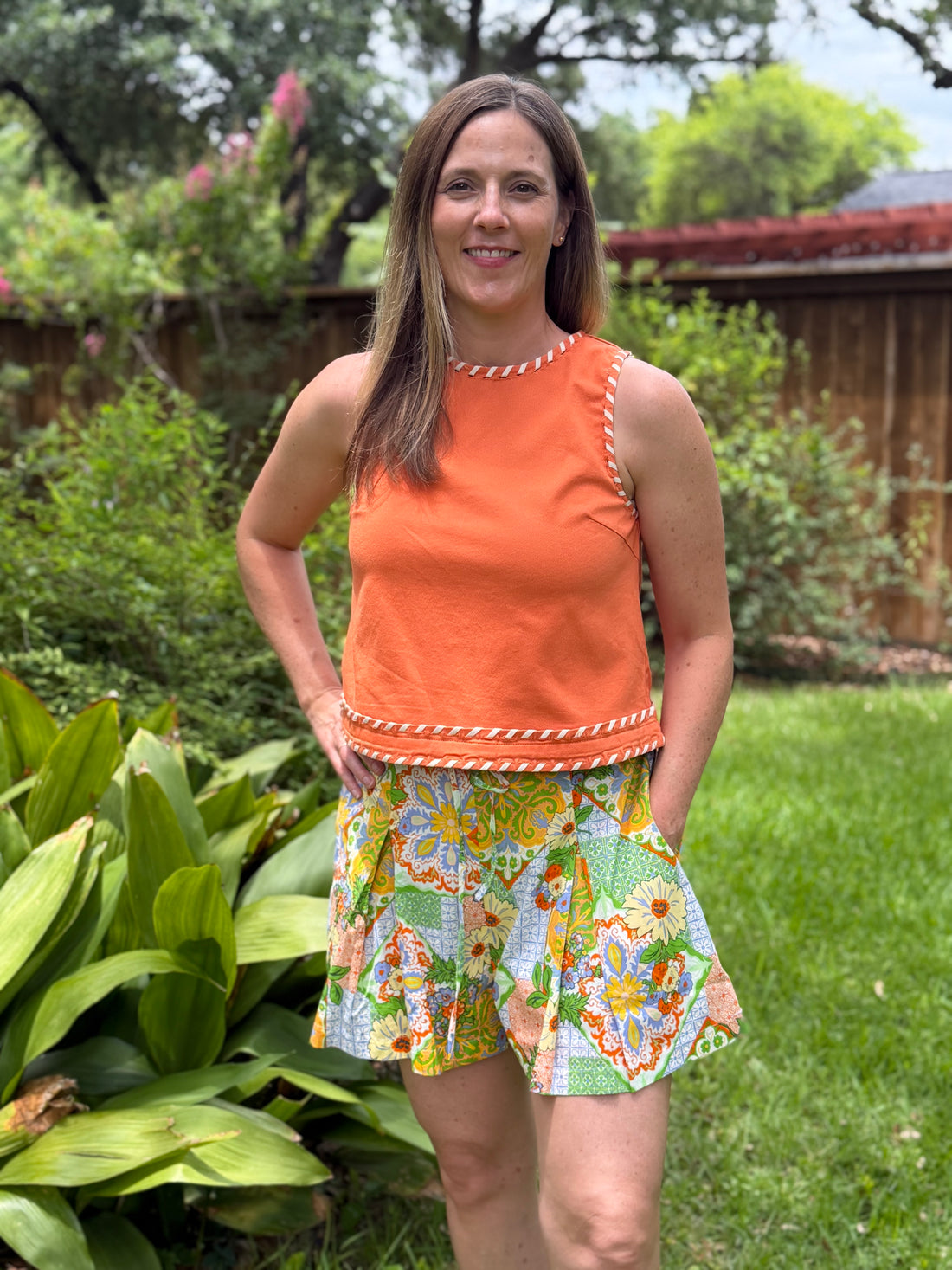 Orange Whipstitch Tank Top | Cotton Sleeveless Blouse with Contrast Trim