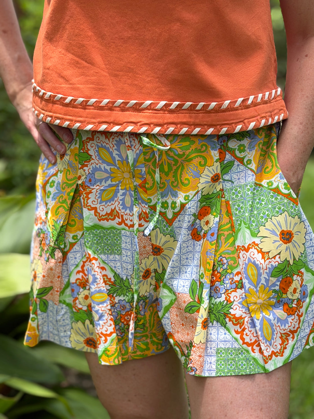 Floral Pleated High Waist Shorts | Colorful Vintage-Inspired Print Summer Shorts