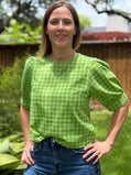 Matcha Gingham Scalloped Puff Sleeve Blouse | The Gussied Goose Boutique