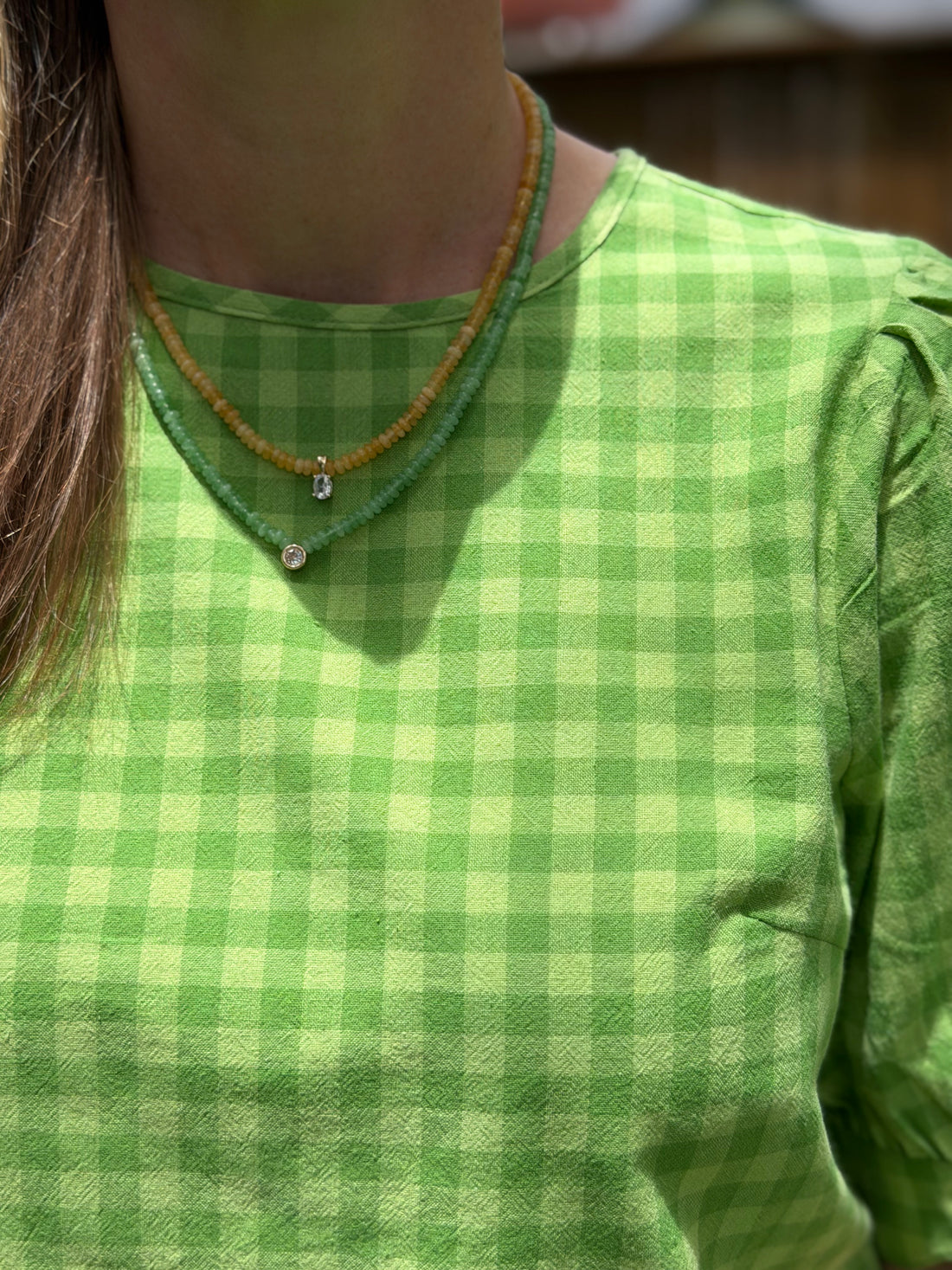 Matcha Gingham Scalloped Puff Sleeve Blouse | The Gussied Goose Boutique