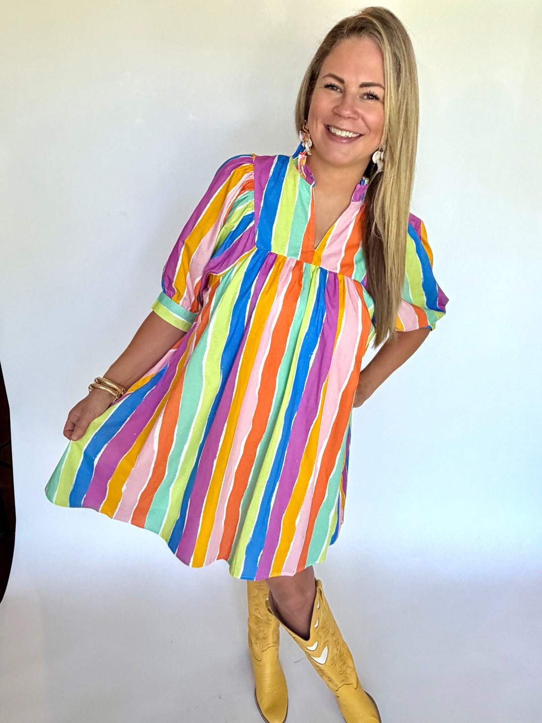 Women's Multicolor Stripe Puff Sleeve Dress | The Gussied Goose Boutique