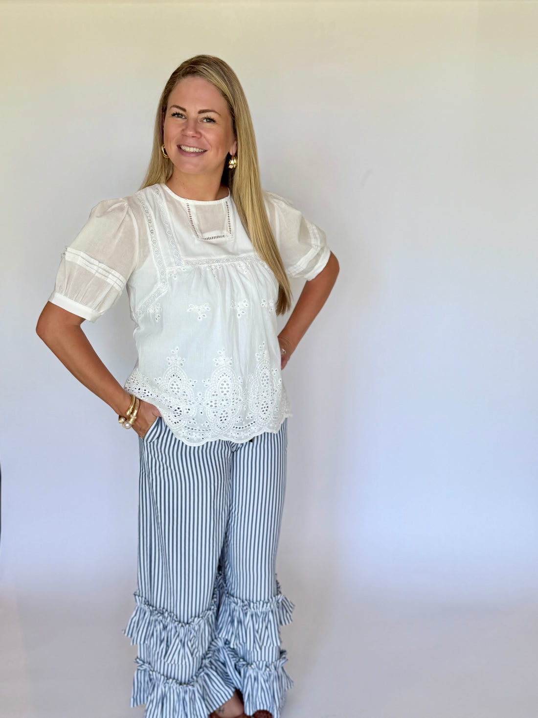 Navy Stripe Tiered Ruffle Hem Pull-On Maxi Pants
