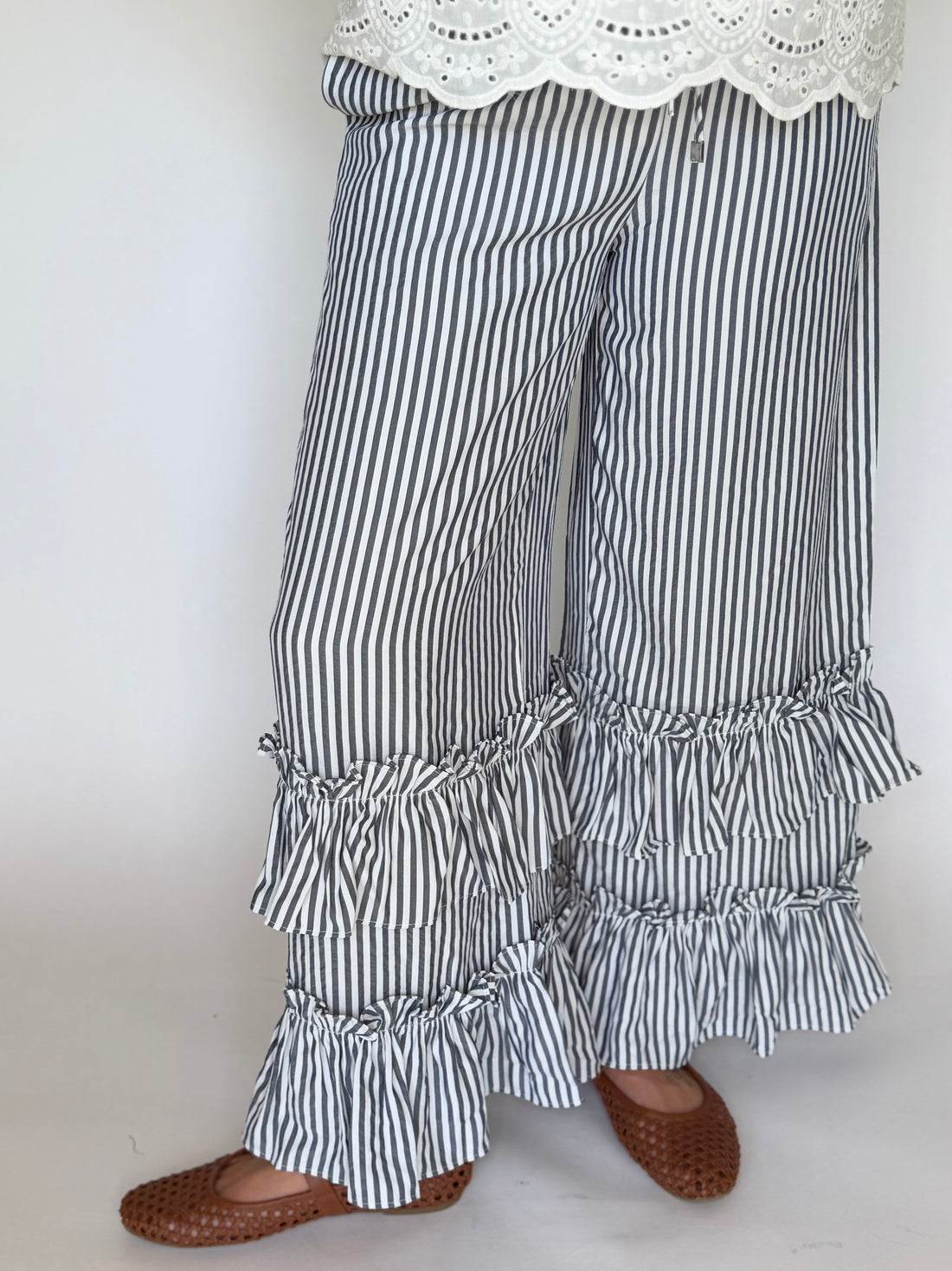 Navy Stripe Tiered Ruffle Hem Pull-On Maxi Pants