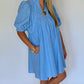 Women's Blue Pinstripe Puff Sleeve Dress | The Gussied Goose Boutique