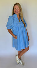Women's Blue Pinstripe Puff Sleeve Dress | The Gussied Goose Boutique