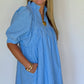 Women's Blue Pinstripe Puff Sleeve Dress | The Gussied Goose Boutique