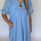 Women's Blue Pinstripe Puff Sleeve Dress | The Gussied Goose Boutique