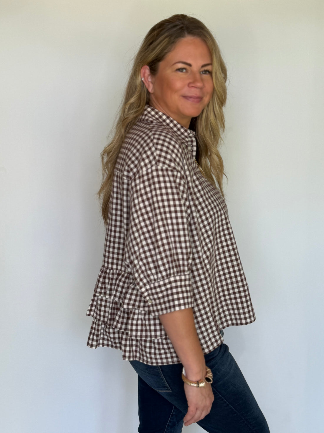Gingham Puff Sleeve Cotton Shirt, Brown
