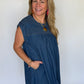 Smocked-Yoke Babydoll Denim Dress, Blue