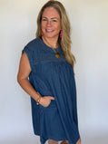 Smocked-Yoke Babydoll Denim Dress, Blue